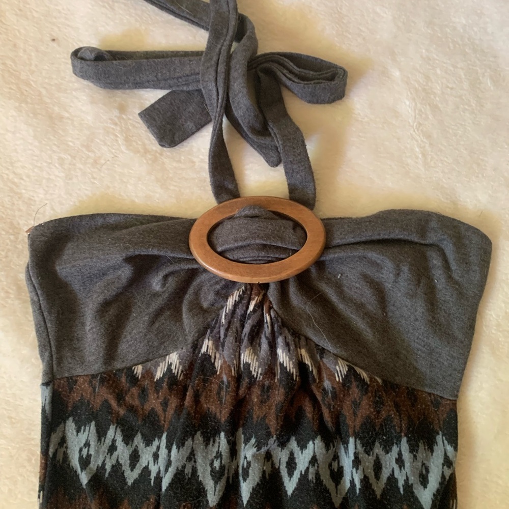 Gray and Brown Patterned Halter Maxi Dress